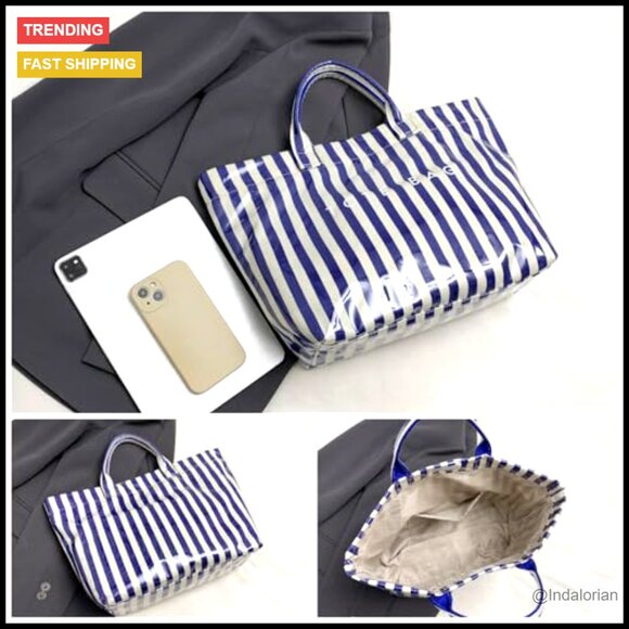 Clear PVC Tote Bag Waterproof Large Tote Beach Work Bag Trendy Striped - Picture 4 of 7